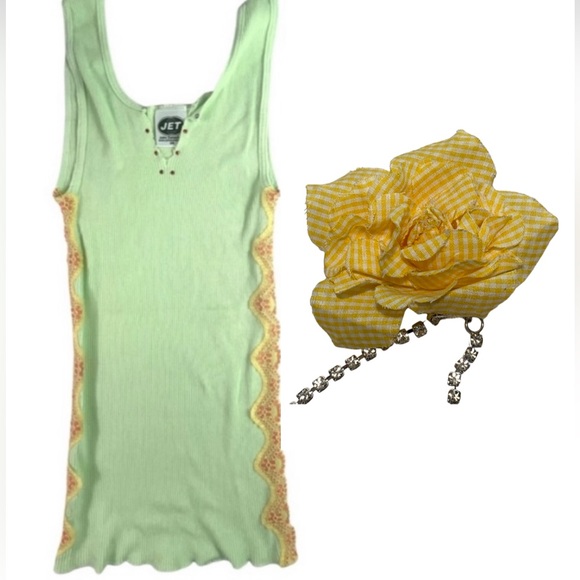 JET by John Eshaya Tank Top Green w Lace, Gingham & Rhinestone Flower Brooch Y2K - Picture 1 of 16